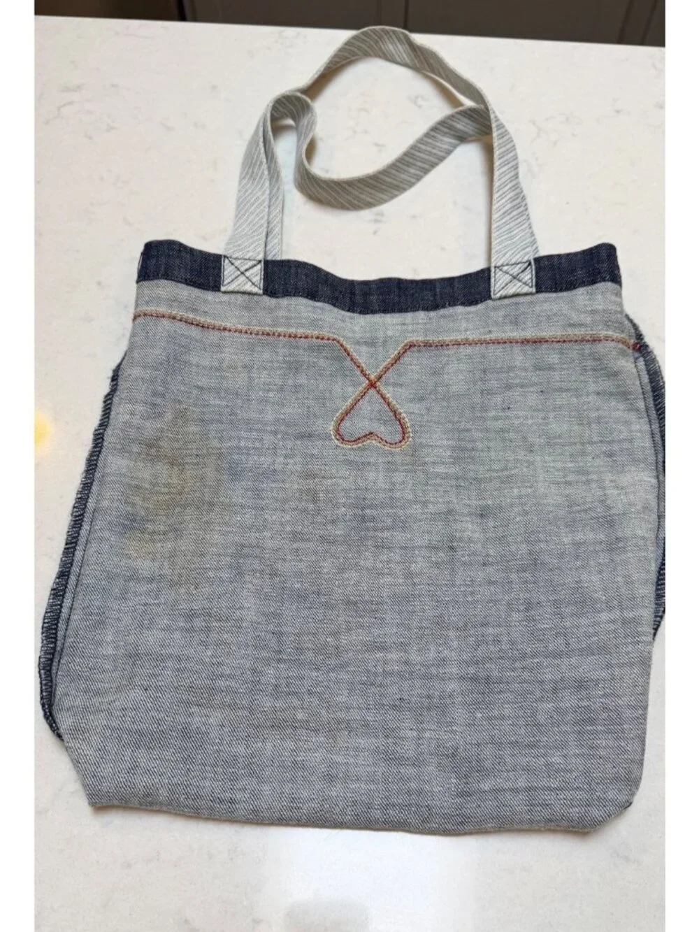 London Jean Heart Stitch Denim Tote Bag Blue Cotton Spandex Casual Carryall